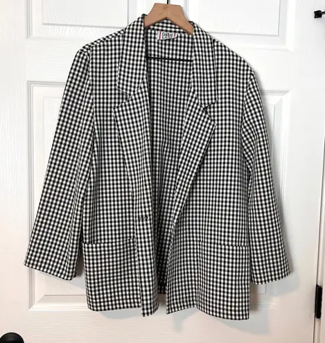 Vintage Gingham Print Front Pockets Blazer Jacket Black Size 14