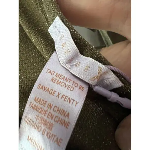 Savage X Fenty Bodysuit Green Shine Strapy Teddy Thong Mock Neck Size M