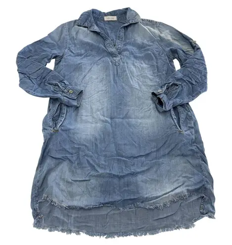 Bella Dahl Dress Womens Small Blue Chambray Denim Long Sleeve Frayed Hem Mini