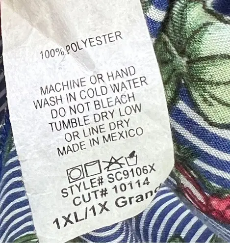 Scarlett Plus 2X 1/4 Zip V-Neck Floral Blue White Striped Tunic w/Tabbed…