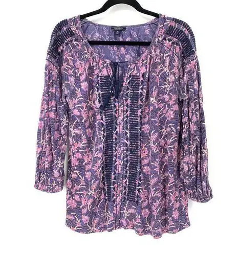 Lucky Brand  Women's Sz M Floral Print Embroidered Blouse Long Sleeve Purple/Pink