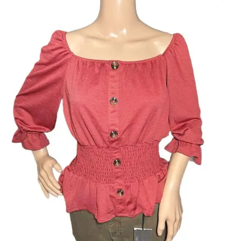 New MERAKI Orange Boho Blouse Women’s Top Button Accents Cinched Waist Sz M Size M