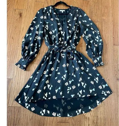 Joie  black floral long sleeve faux wrap ruffle smocked cuff dress