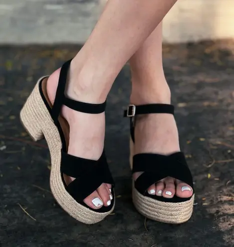 Soda Black Chunky Espadrille Heel Wedge