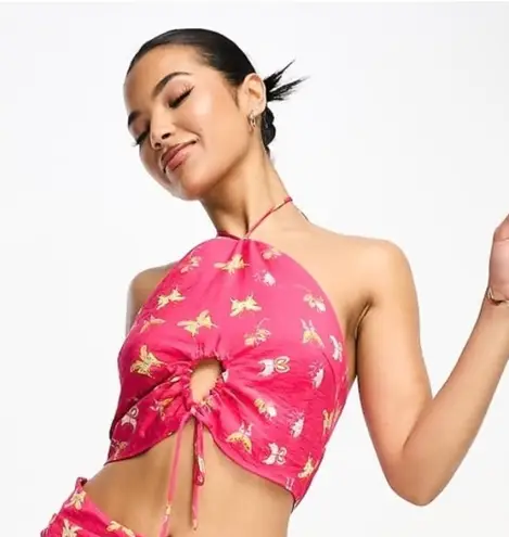 Something New halter neck cropped top in pink butterfly print. Size S. NWOT
