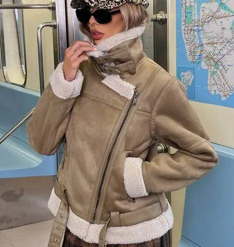 ZARA Shearling Rider's Jacket Double Boa Brown Beige sz XL