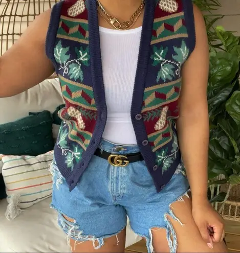 Vintage Teal Boho Pinecone Leaf Grandma Sweater Vest Cardigan SZ S