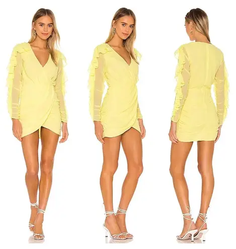 NBD Revolve Indira Ruched Ruffle Chiffon Mini Dress Yellow Sz Small