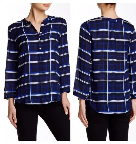 Amour Vert Plaid Odette Silk Blouse XS Blue Black