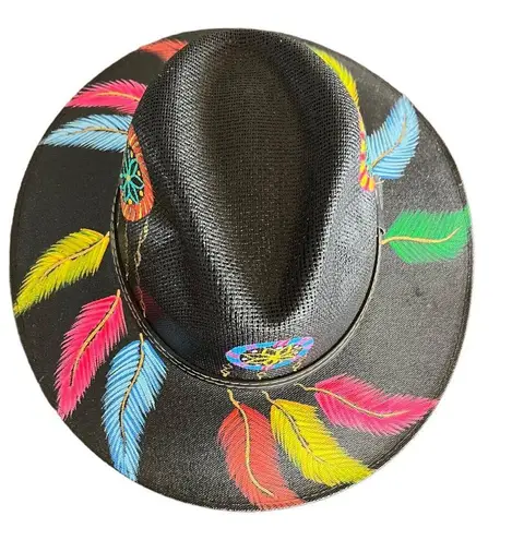 HAT MEXICAN Artisanal Hand Painted Fedora Floral Sombrero Panama Bohemian Black