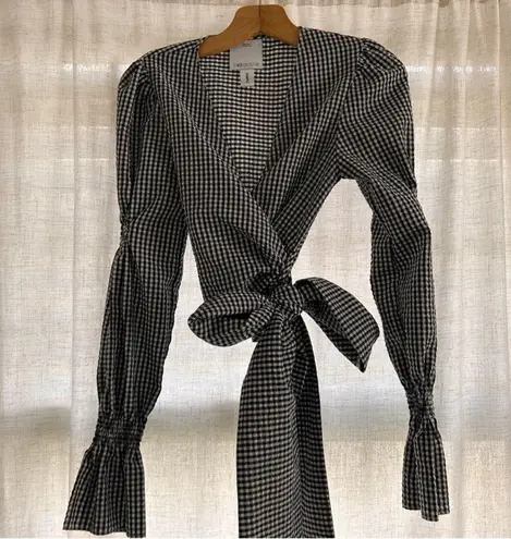 C/MEO COLLECTIVE gingham checkered black white puff sleeve multi wrap top small