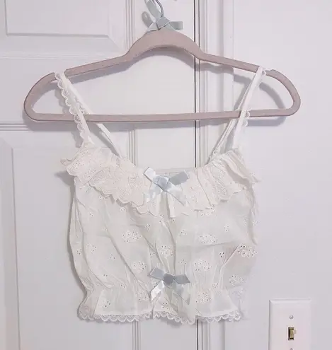 Japanese Cottage Kawaii Style White Lace Pastel Blue Bow Ribbon Crop Tank Top Size XS