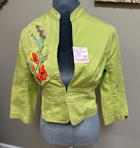 New lime Green cropped blazer jacket floral poppy embroidery 3/4 sleeve small