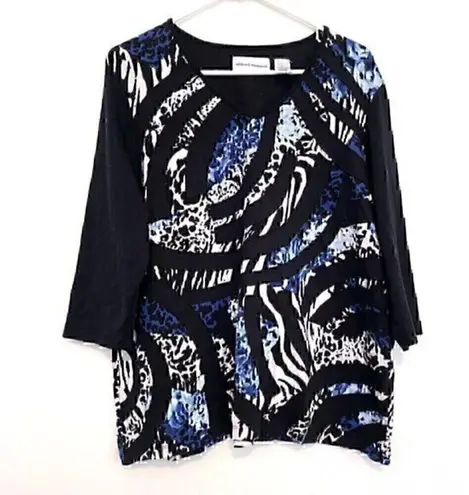 ALFRED DUNNER Black White Blue Cheetah Leopard Animal 3D Stripe 3/4 Sleeve Top L Size L
