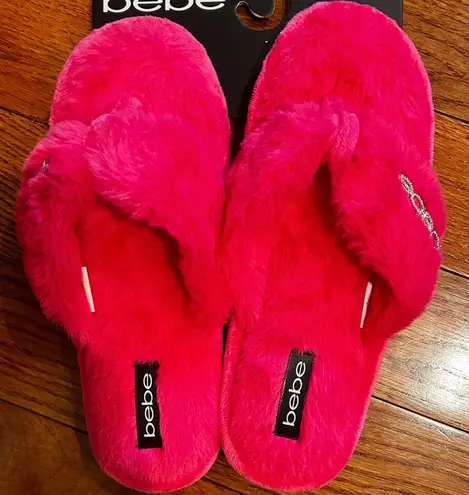 Bobeau bebe NWT FUCHSIA rhinestone logo memory foam fur fuzzy flip flops/slippers 8