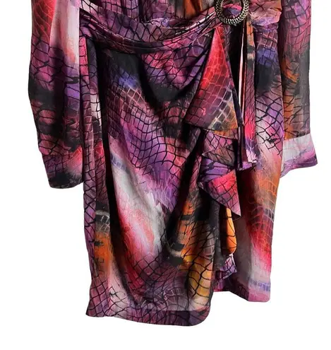 flor et.al Lauper Printed Chiffon Belted Long Sleeve Knee Length Dress Size 16