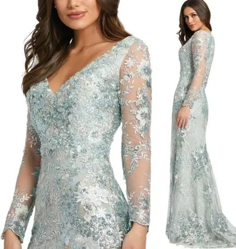 Mac Duggal 67539 Sea Mist Embellished Illusion V Neck Long Sleeve Gown 14 $698