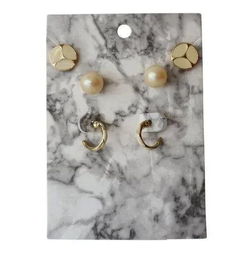 Gold Tone & Pearl Stud Earrings Set Of 3 On Marble Card White