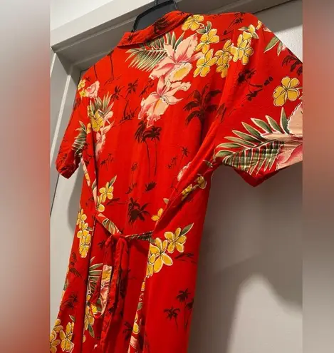 Notations VTG 90s Red Tropical Button Down Collared Short Sleeve Maxi Dress - S