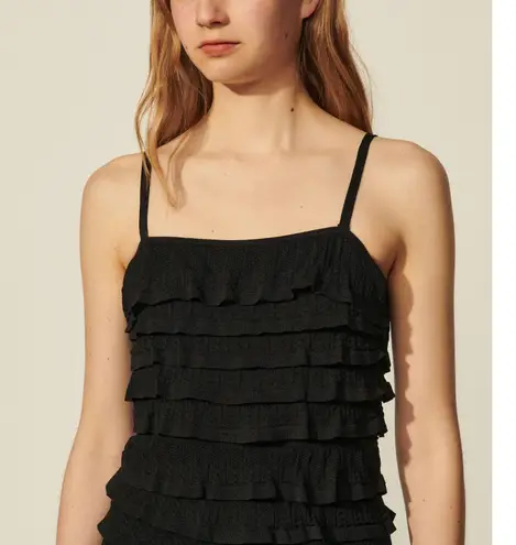 Sandro Ruffled Ellora Black Knit Mini Dress Size 38 US 6