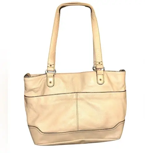 Stone Mountain Genuine Beige Leather Shoulder Bag with Black Accents Authentic