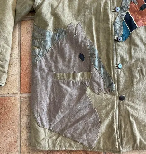 AMAZING Handmade reversible embroidered Horses quilted cotton Chambray Jacket Size L