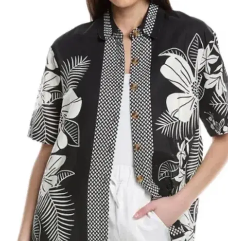 Farm Rio Macaw Elegance Uni Linen-blend Shirt In Black M