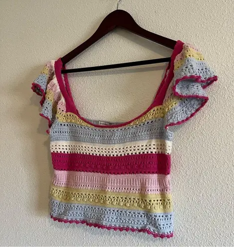 Sincerely Jules Boho Rainbow Stripe Crochet Flutter Sleeve Crop Top Size Small