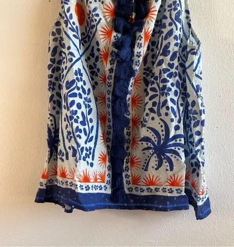 Farm Rio Tank Top Afternoon Breeze Beaded Tassel Tie Cotton Blouse Sz L NWT