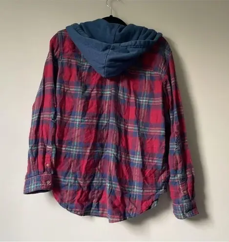 American Eagle  Red Blue Plaid Flannel Hooded Button Down Shirt Shacket sz Small