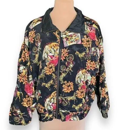 Vintage 90s Sport Jacket Black Yellow Zip Front Windbreaker Floral Equestrian Black Size undefined