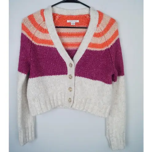 American Eagle  Striped Cardigan Button Front Multicolor Pink Cream Fuzzy Size XS