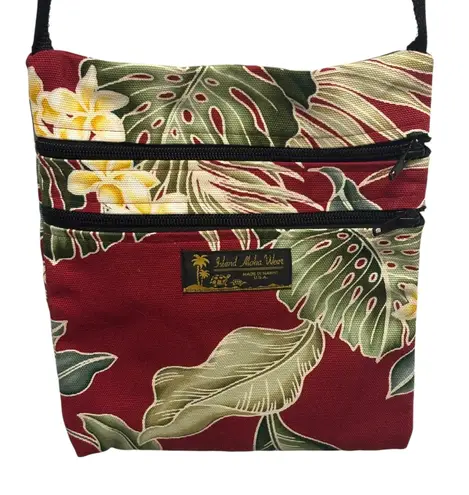 Island Aloha Wear Floral Crossbody Bag Triple Zipper Travel Purse Red