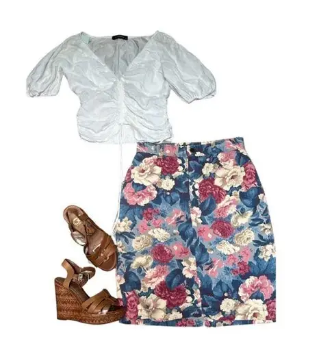Vintage Modern Essentials Denim Blue & Pink Floral 90s Skirt Sz 6/8