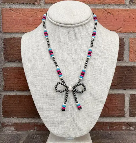 Navajo Style Pearl Bow Necklace with White, Turquoise, Pink & Black Disks Silver