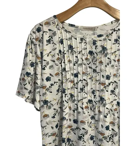 Fantaslook Blouse Womens XL White Floral Print Short Sleeve Ruffle Front Top NWT