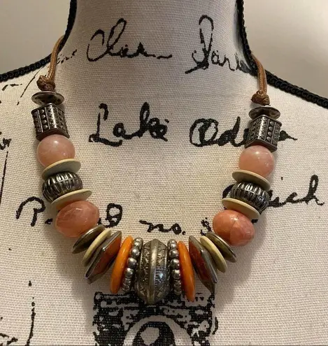 Beaded Necklace Chunky BOHO Leather Cord Orange Pink Gold Bougie Fashion Jewelry