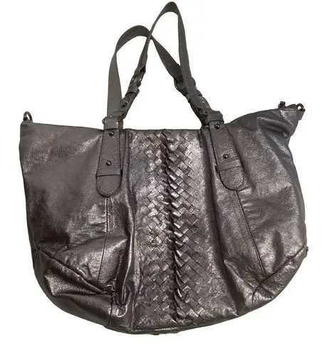 ELLIOTT LUCCA Women’s Silver Metallic Braided Handbag Tote 15X3X9 Silver