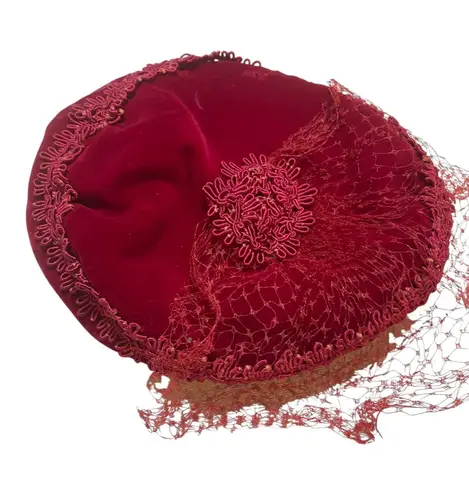 J.L. Brandeis & Sons Vintage Velvet Pillbox Hat with Veiling Red