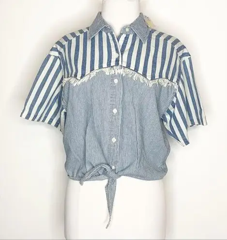 NWT VINTAGE Bonjour striped tie front top fringe Blue Size M