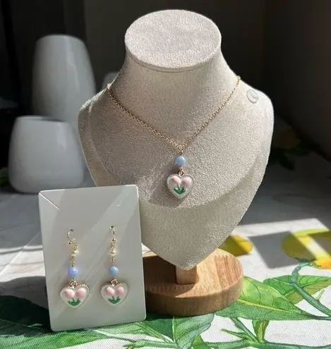 Cute Flower Jewelry Set, Pink Tulip, Heart Charm, Dainty, Coquette, Spring, Fun