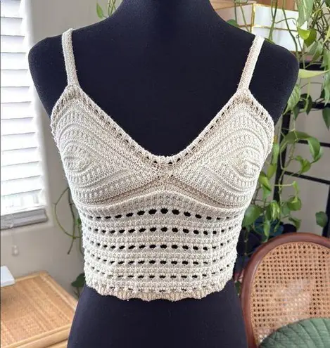 Vintage Havana Cream & Tan Crochet Cotton Cropped Sweater Tank Top