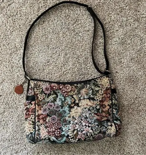 SAS Floral Shoulder Bag Purse Canvas Leather Zip USA Multi Color Tapestry Bag