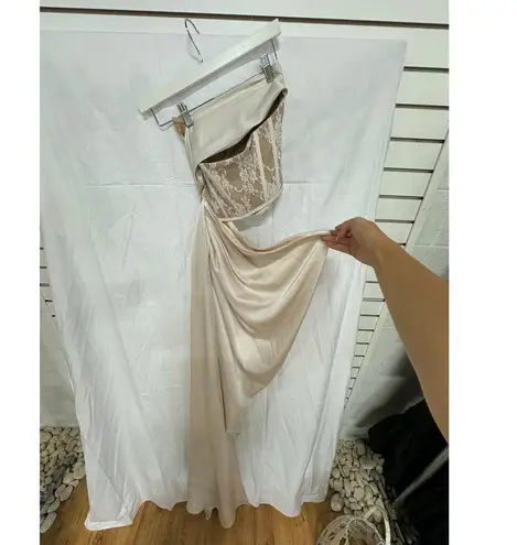 Miss Circle Floral Strapless Corset Cutout High Slit Satin Gown Beige Women's XS