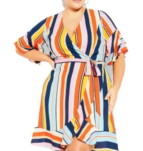 City Chic Wrap Dress Ruffle Sleeve Belted Pink Multi Stripe Women’s Plus Size 24