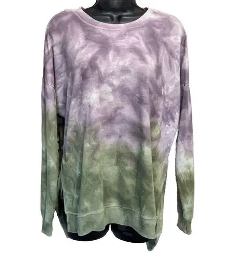 Dantelle Purple/Green Tie Dye Crew Neck Long Sleeve Top Size M Side Slits