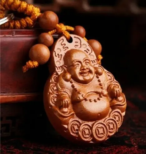 LUCKY BUDDHA Carved Rosewood Novelty Keychain Brown
