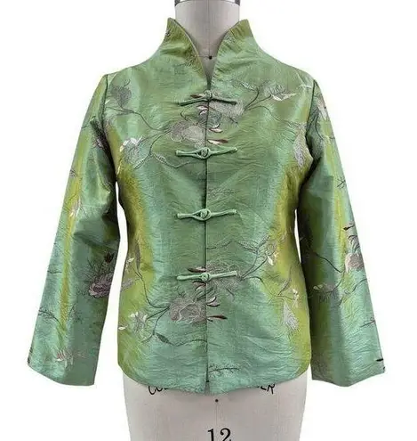 YA LI Asian Green Iridescent Jacket Embroidered Floral Design Fully Lined Sz L Size L