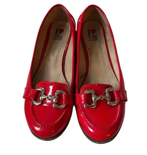 I ❤️My Shoes Seaside Vintage? Shiny Red Silver Buckle Loafers Size 38