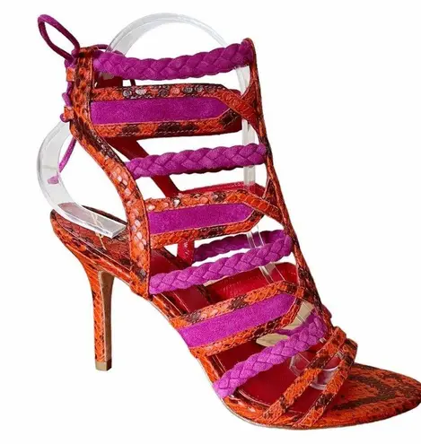 Brian Atwood  Felisa Sandals Mixed Media Strappy Braided Leather Orange Pink 7